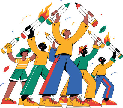 Diverse group of young people celebrating with large colorful pencils celebration