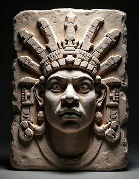 Stone carving of Maya sun god Kinich Ahau. Ancient deity portrait with headdress and intricate details. Bas-relief sculpture offers cultural art.