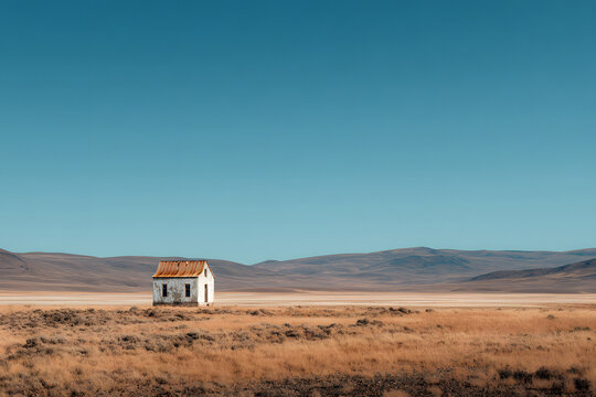 Lonely white house on a vast plain under a clear blue sky in a remote location