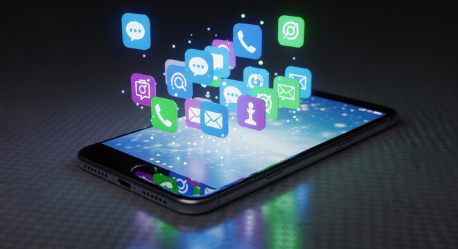 Smartphone with social media icons emerging