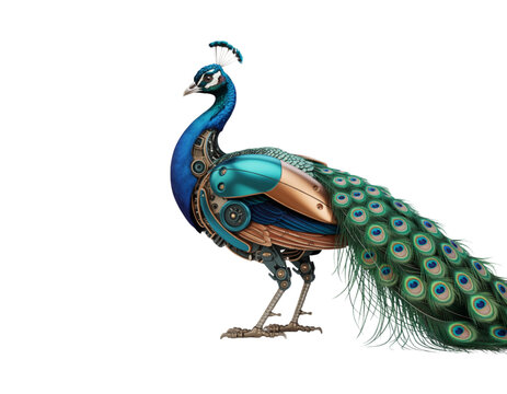 A vibrant peacock with robotic elements standing proudly on a transparent background