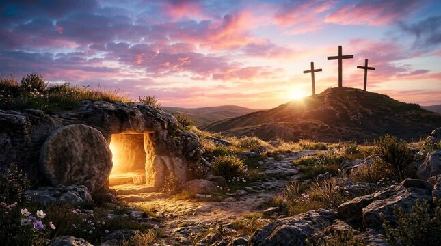 Easter sunrise over a tomb with an open entrance. Three crosses stand tall on a hilltop. Flowers grow nearby as light spreads across the landscape