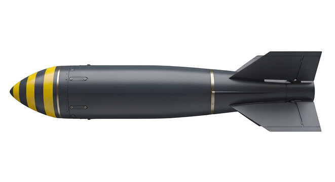 Professional 3D render of a tactical gravity bomb featuring a matte charcoal finish and stabilizing fins against black.