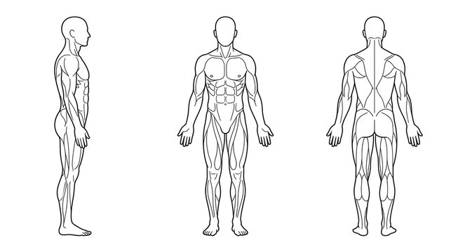 Human anatomy male body muscles side front back view medical study illustration
