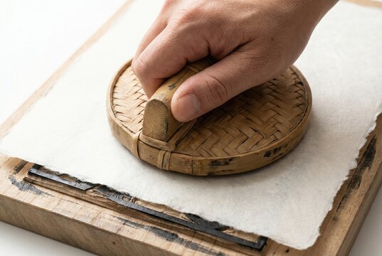 Artisan using a traditional bamboo baren tool to press paper onto an inked wooden printing block