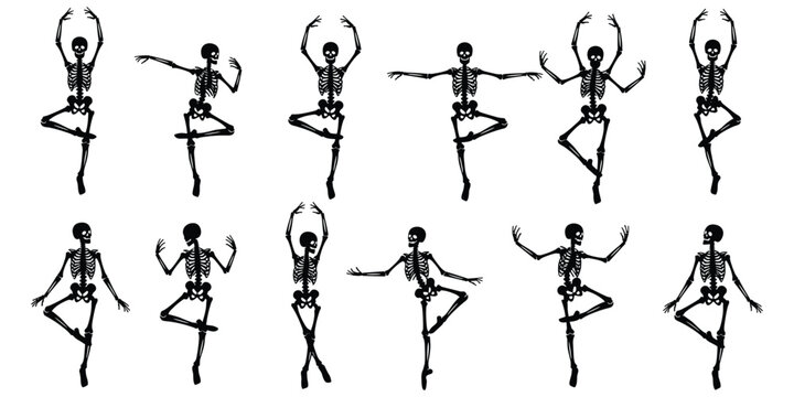 Skeleton ballet dance illustration, humorous artwork with stylized skeletons expressive poses classical movement artistic anatomy vector design