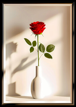 Single Red Rose in White Vase with Soft Natural Light and Shadow on Wall red rose flower white ceram