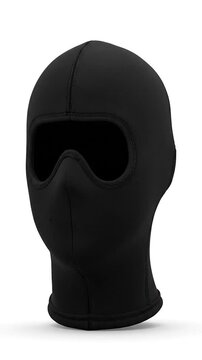 A black full face covering with eye and nose openings for protection