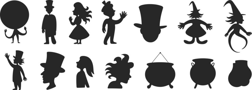 Halloween silhouette characters and spooky objects set including witches hats and cauldron, flat vector illustration design