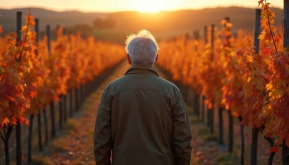 Naklejka premium Elderly man stands in a golden autumn vineyard at sunset. Rows of vibrant orange grape leaves stretch towards the horizon. The man gazes into the warm setting sun, contemplating.