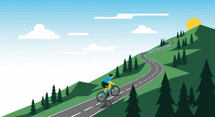 Fototapeta premium Cyclist riding a bicycle up a winding mountain road on a sunny day. Flat design vector illustration.