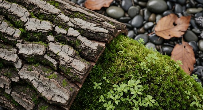 A close up view of moss bark stones and fallen leaves