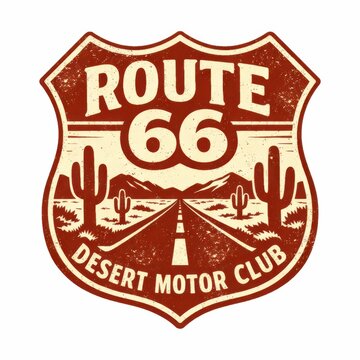 Vintage Route 66 shield emblem with desert cacti and road for travel and motorcycle club branding