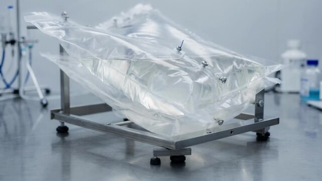 Medium shot capturing a singleuse wavebag bioreactor gently rocking highlighting flexible disposable technology for efficient cell growth in pharmaceutical research.