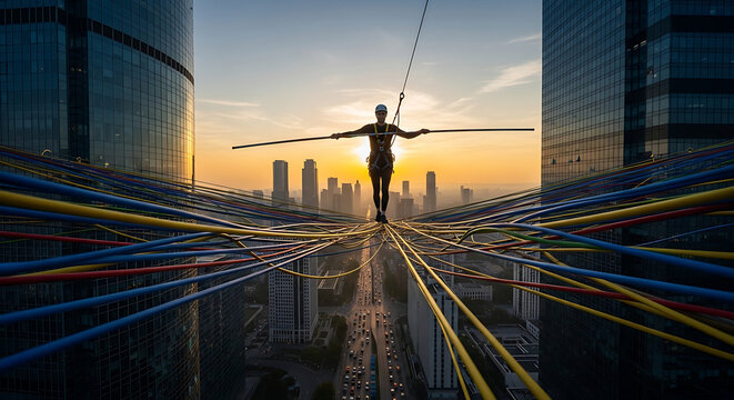 A skilled individual performs a high-wire act between towering skyscrapers amidst a complex network of vibrant data cables during a breathtaking city sunset