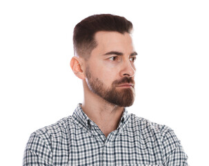 Fototapeta premium Serious man in shirt posing on white background