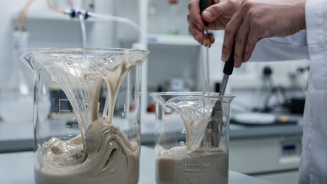 Close view of researchers blending highviscosity polymer mixtures in glass vessels demonstrating precise manual techniques in solution polymerization lab work.