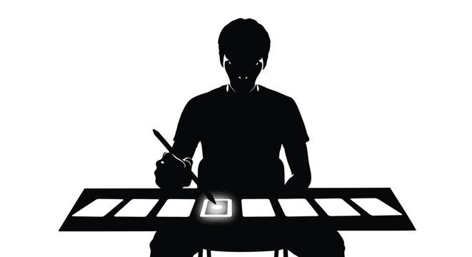 Silhouette vector illustration of a person interacting with a futuristic touch screen interface or digital control panel, highlighting technology and innovation.