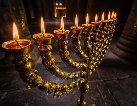 Macro of solid beaten gold seven branched menorah burning olive oil