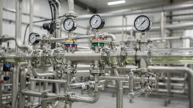 Medium shot inside an industrial facility showing a complex manifold system managing liquid monomers through interconnected pipes with safety gauges and controlled flow.