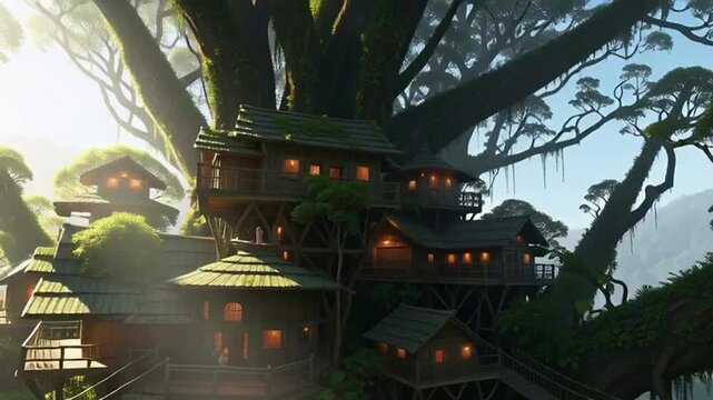 Whimsical treehouse village in misty forest with wooden bridges