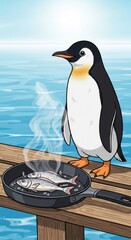 Fototapeta premium Penguin Chef Cooking Fish on a Wooden Dock Illustration.