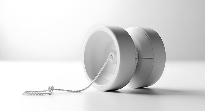 A white yoyo rests on a smooth reflective surface