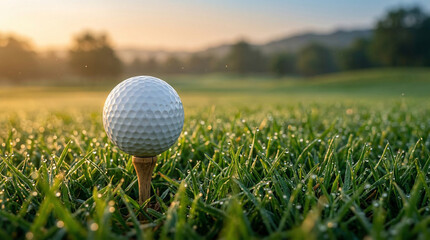 Obraz premium Golf ball on a tee in morning dew on green grass with a blurred background