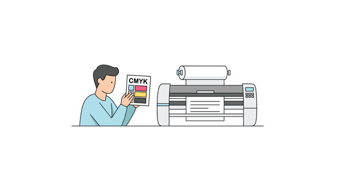 A man holds a CMYK color test sheet next to a large format printer actively producing a document on a white background.