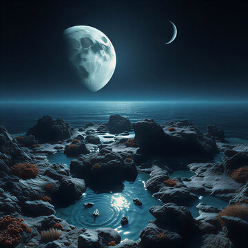 Dual moons light up the oceans night sky on alien planet.