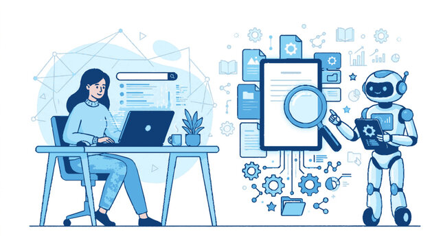 Woman working on laptop with robot assistant analyzing data and knowledge base concept