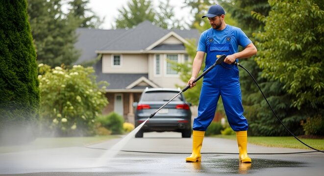 Man power washing driveway in front of suburban home