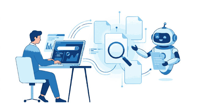 Man working on computer with robot assisting in knowledge base search and data analysis