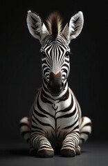 Fototapeta premium Small zebra sits in studio against dark background. Cute foal has bold black and white stripes. Animal looks directly at camera with large curious eyes.