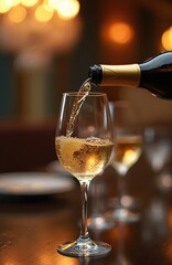 Naklejka premium White wine pours from dark bottle into crystal glass. Bubbles form in liquid. Another glass sits nearby on wooden table. Soft lights create bokeh effect.