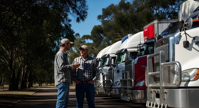 Truck stop scene with two men and large trucks