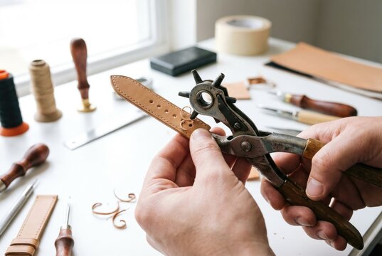 Leather crafter using a rotary punch tool to make holes in a handmade brown leather watch strap