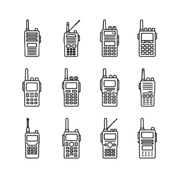 Collection of Radio Transceiver Icons with Antennas and Keypads Line Art