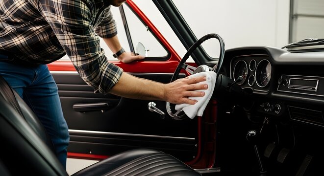 Man cleaning interior of vintage car with cloth