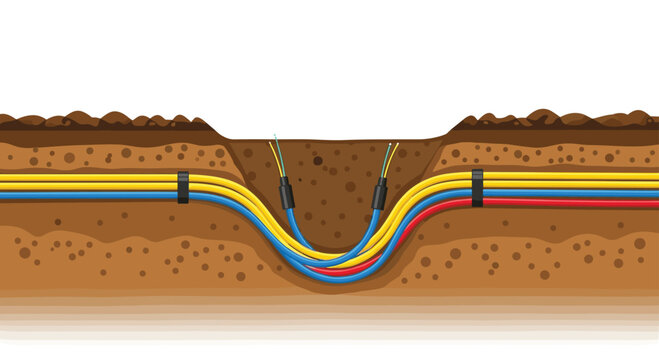 A cross-section of a shallow U-shaped trench in brown soil shows multiple brightly colored cables secured by black clamps.