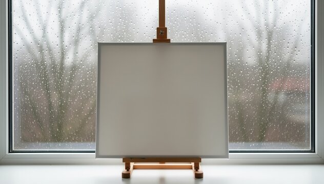 Blank Canvas and Rainy Window: An empty canvas on an easel sits before a rain-streaked window, offering a serene invitation to artistic expression against the backdrop of a melancholic day.