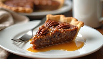 Fototapeta premium Slice of rich pecan pie with flaky crust on white plate with fork. Warm caramel sauce pools around sweet baked dessert topped with nuts. Ideal for holiday food.