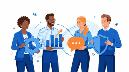 Obraz premium Diverse team collaborating with gear graph chat bubble and shield icons in blue and orange hues