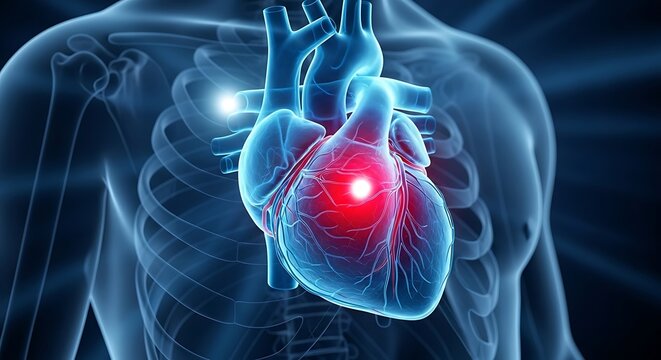 glowing human heart x-ray scan in a transparent anatomical chest illustrating medical diagnosis and cardiac health technology