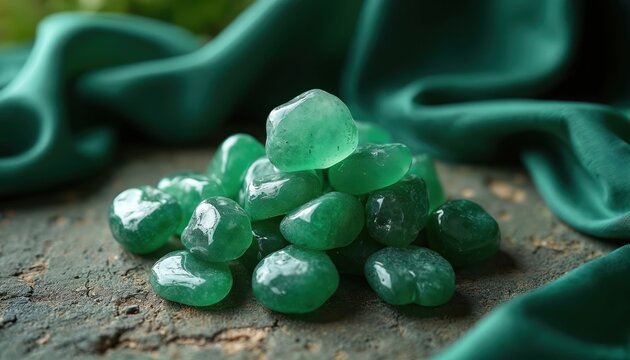 Pile of smooth, shiny green aventurine stones on rough wood. Dark green silk drapes softly behind the tumbled gemstones, creating a luxurious texture and background for healing properties.