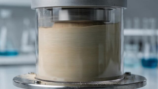 Closeup of an enclosed mill grinding powdered diagnostic substrate with dust containment for safe reagent formulation processes in a laboratory setting.