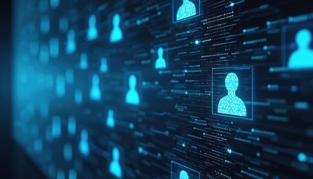 Digital network shows glowing human profile icons in grid formation. Abstract data streams connect user profiles, representing connections and personal info. Future tech for data management.