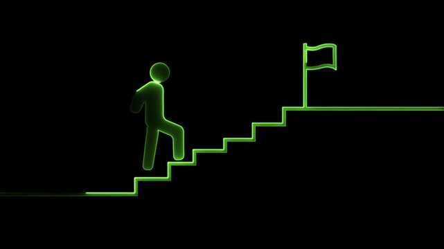 Businessman climbing stairs to success flag goal achievement motivation