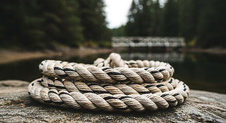Fototapeta premium thick braided rope with black and white strands coiled on a rustic rock by a serene lake symbolizing strength and nature