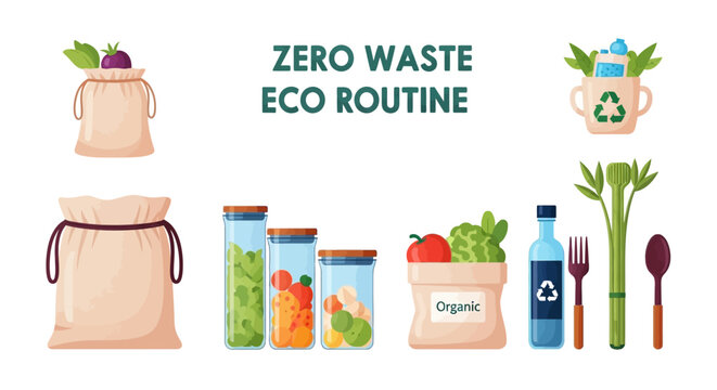 Eco-friendly products for a zero waste lifestyle with sustainable living concept illustration of healthy food and kitchen items
